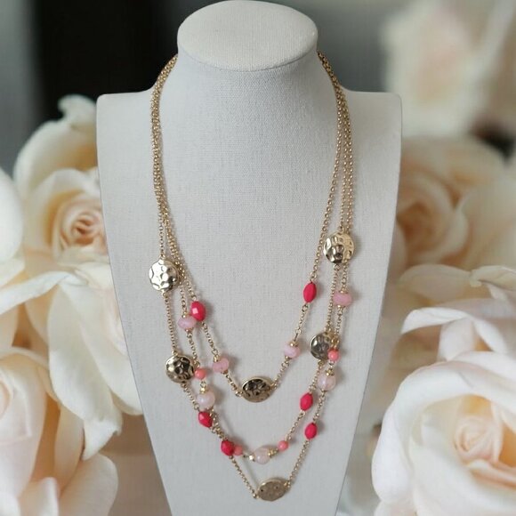 Jewelry - Gold Tone Multi Strand Necklace Pink Red Beads Hammered Discs Layered